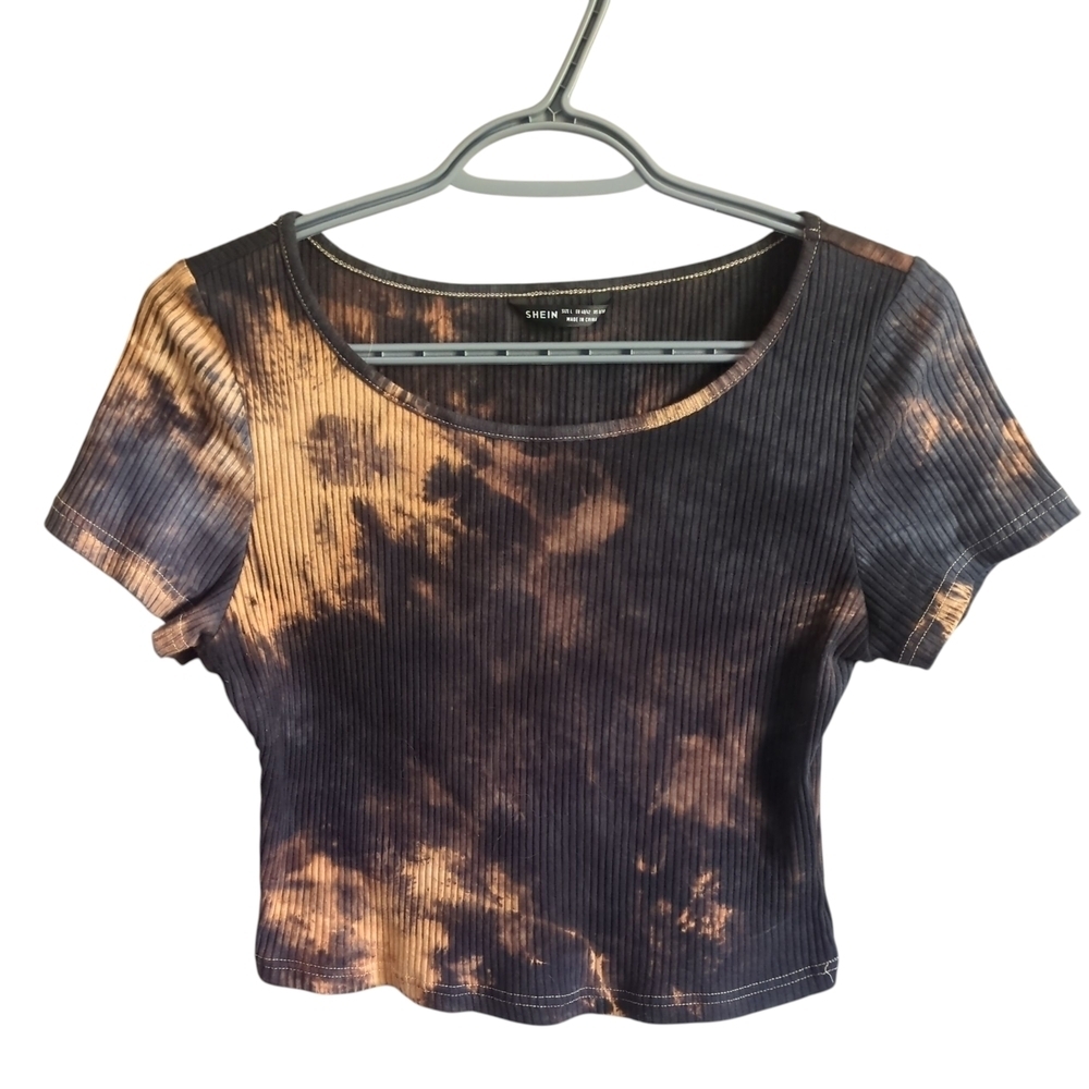 Shein Tie Dye Rib-Knit Crop Top Short Sleeve Size Large Black and Tan